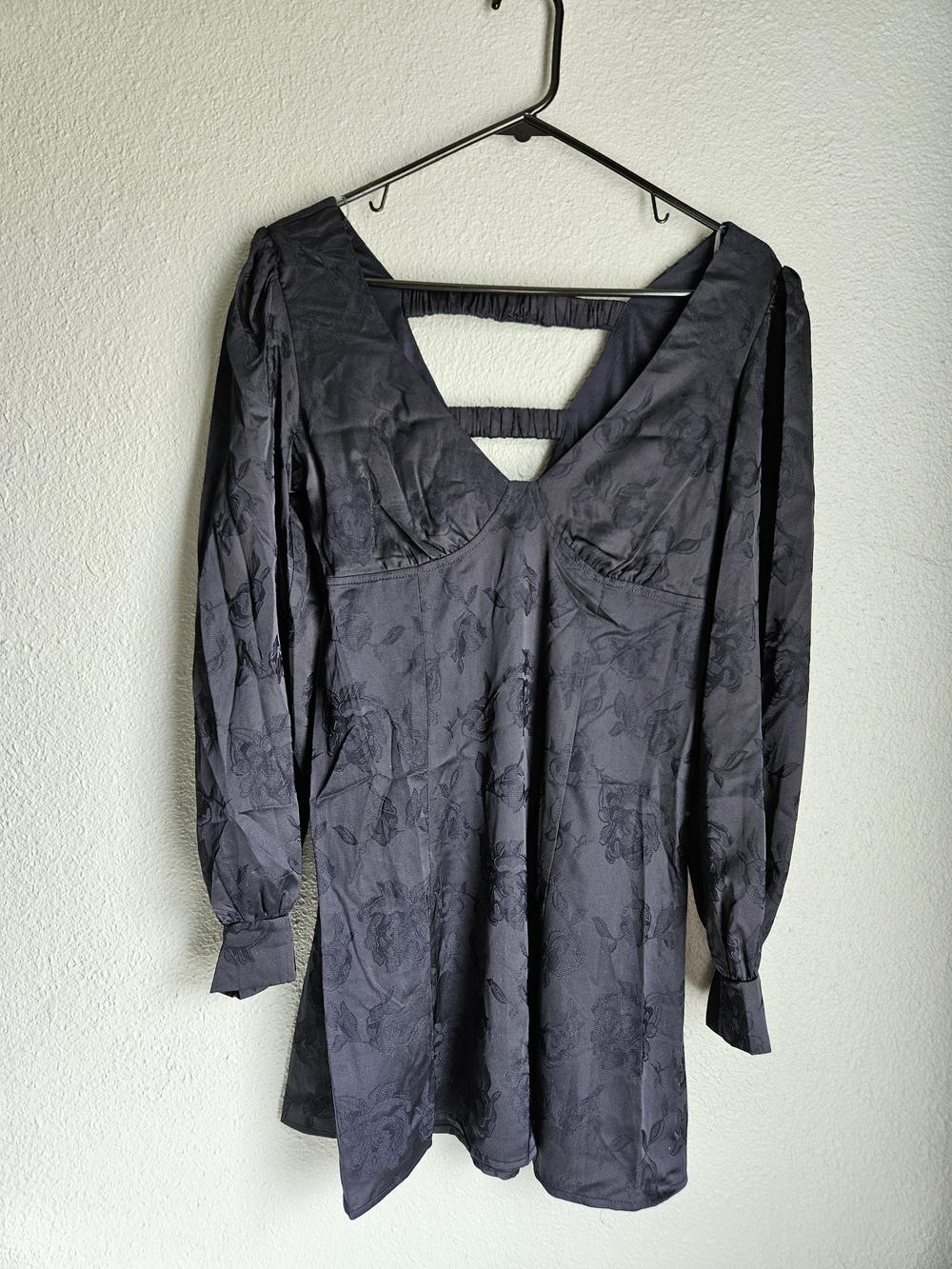 Crystal Doll Black Floral Jacquard Long Sleeve Open Back Mini Dress NWOT S